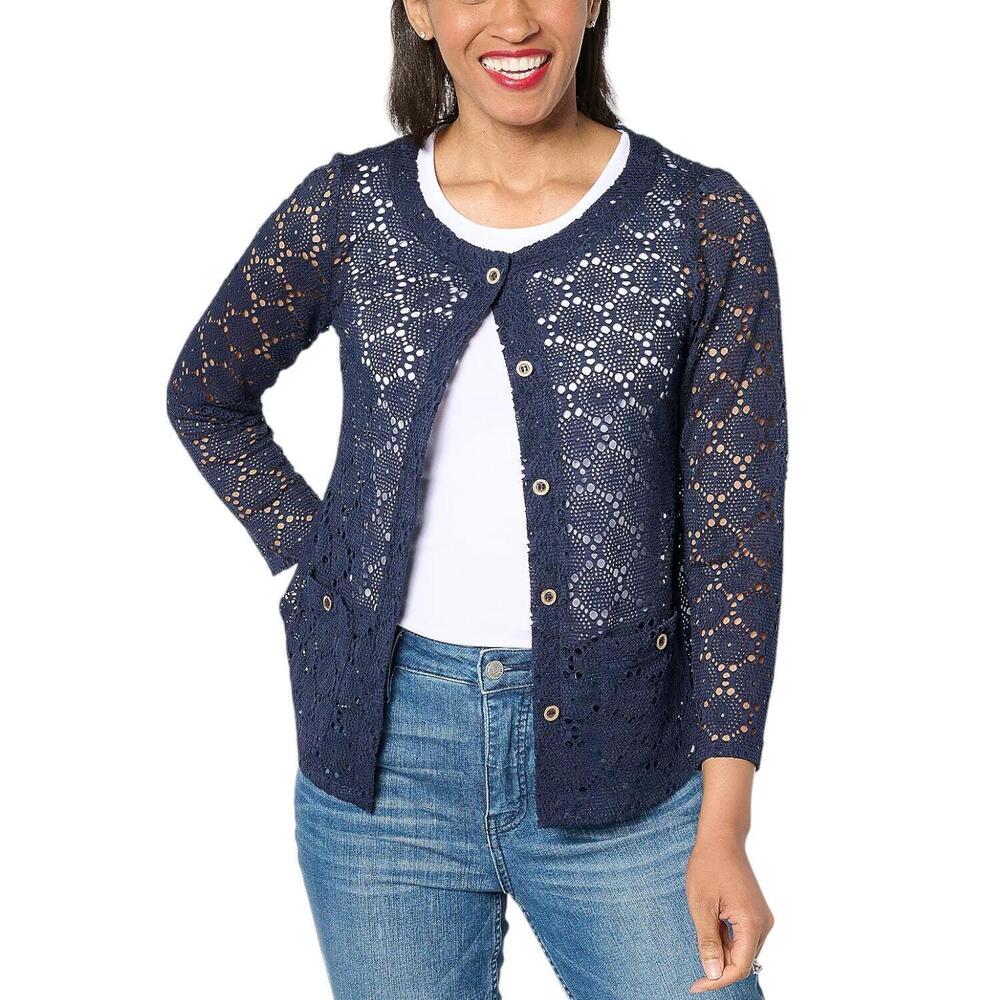 Susan Graver Women's Pointelle Knit Bracelet Sleeve Cardigan Navy - Regular